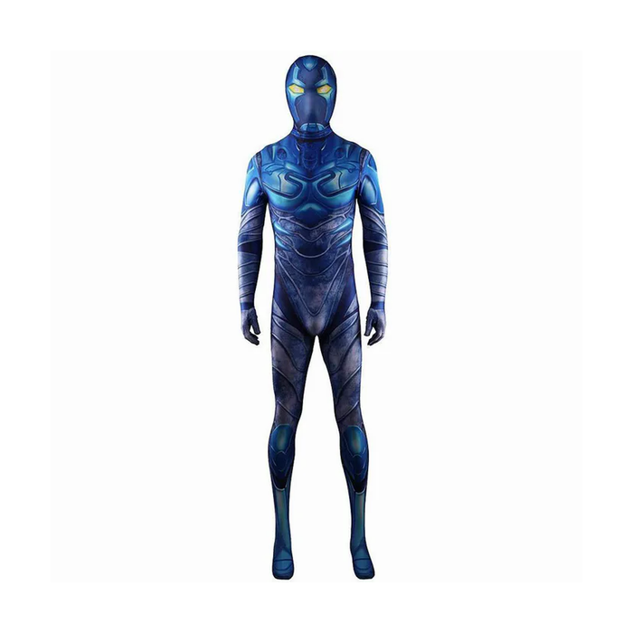 Niño con disfraz de Blue Beetle azul y negro
