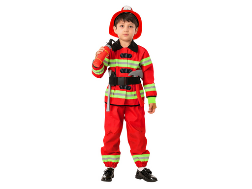 Disfraz de bombero para niño, uniforme rojo de chaqueta y pantalón con franjas verde flúor