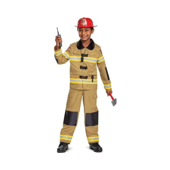 Disfraz de bombero para niño, chaqueta y pantalón beige con franjas amarillas, casco rojo, hacha y walkie talkie