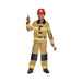 Disfraz de bombero para niño, chaqueta y pantalón beige con franjas amarillas, casco rojo, hacha y walkie talkie