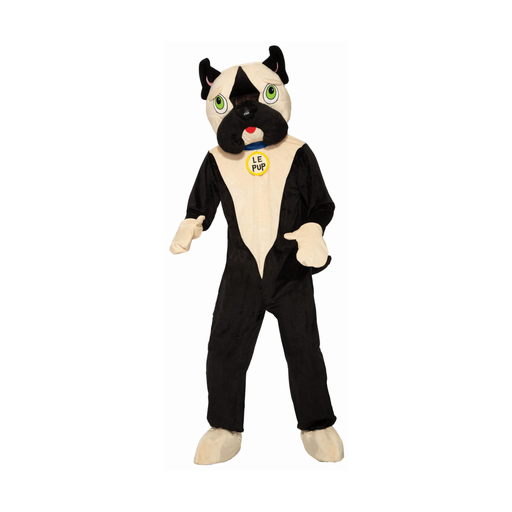 Persona con botarga de bulldog francés negro y beige con collar