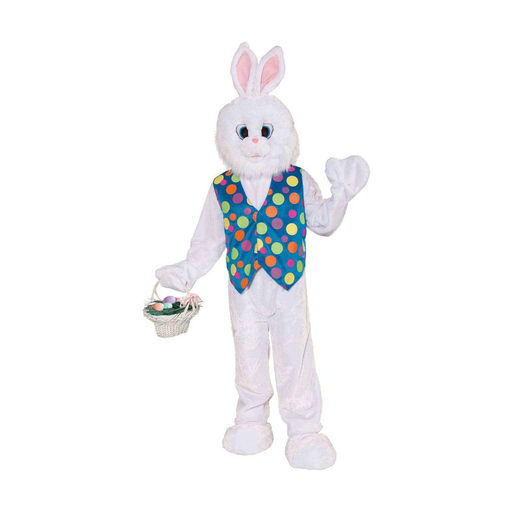 Botarga de conejo de peluche blanco para adulto con chaleco de lunares de colores y cabeza con orejas largas
