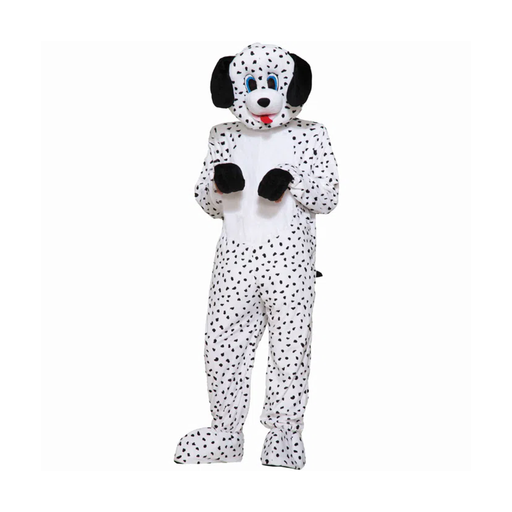 Persona con botarga de dálmata blanca con manchas negras de cuerpo completo
