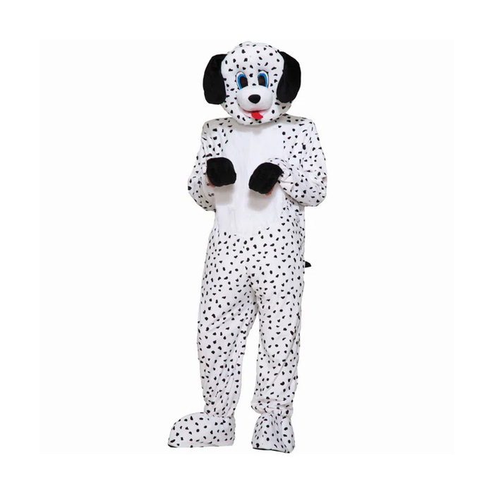 Persona con botarga de dálmata blanca con manchas negras de cuerpo completo