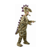 Persona con botarga de dinosaurio verde de felpa con púas moradas