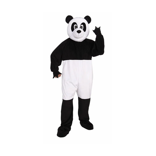 Adulto con botarga de panda de felpa negra y blanca con cabeza completa