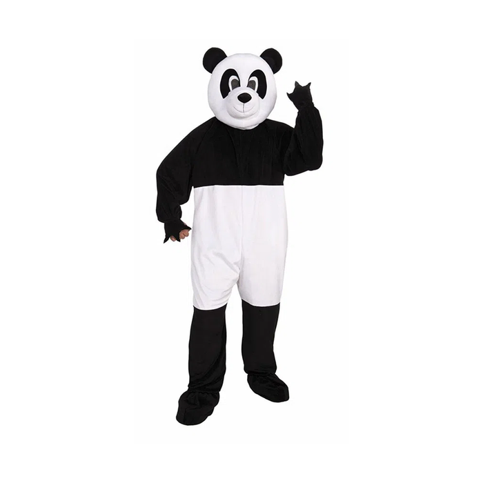 Adulto con botarga de panda de felpa negra y blanca con cabeza completa