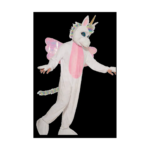 Adulto con botarga de unicornio blanco con cabeza completa y cuerno dorado