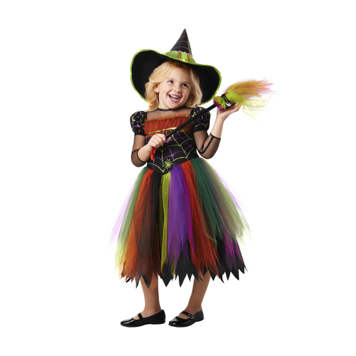Disfraz de brujita arcoíris para niña con vestido negro, falda de tul multicolor y sombrero de bruja verde y negro
