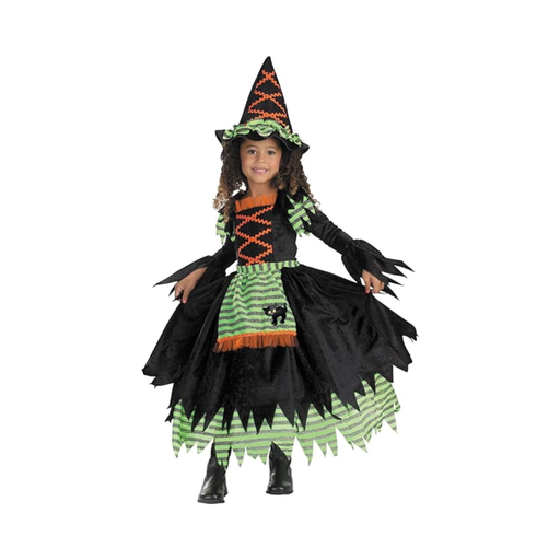 Disfraz de bruja de cuentos para niña, vestido negro con falda verde y naranja, delantal con gato y sombrero puntiagudo