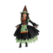 Disfraz de bruja de cuentos para niña, vestido negro con falda verde y naranja, delantal con gato y sombrero puntiagudo