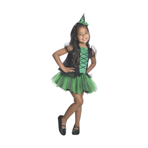 Disfraz de Bruja del Oeste para niña con vestido negro y verde, falda de tutú verde y mini sombrero de bruja