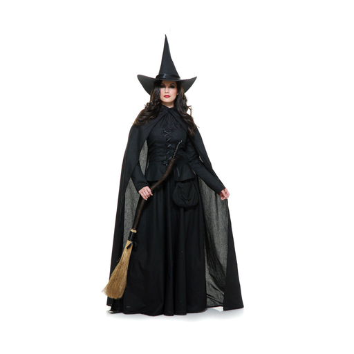 Disfraz de bruja malvada para mujer con vestido largo negro, chaleco, capa larga, bolso y sombrero puntiagudo
