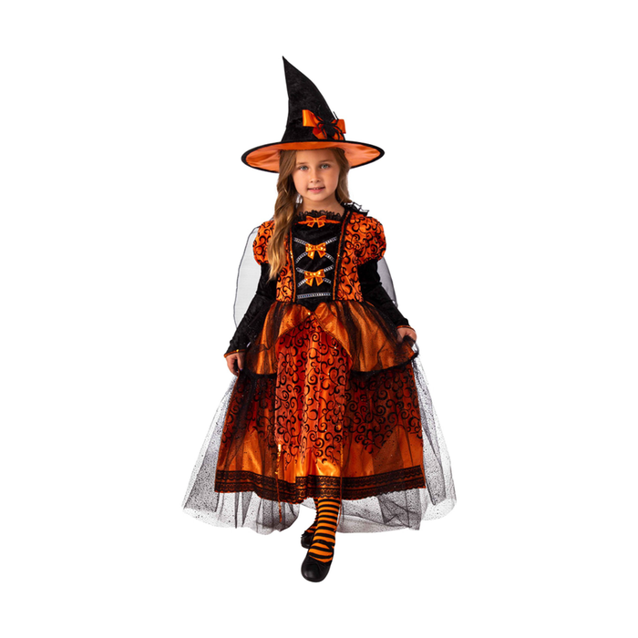 Niña con disfraz de bruja naranja: vestido con falda de tul y sombrero de ala naranja