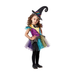 Niña pequeña con disfraz de bruja patchwork: vestido de colores con falda de tul y sombrero de bruja