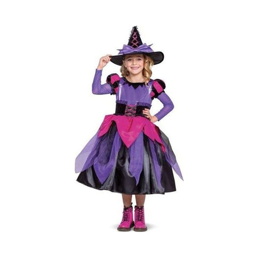 Disfraz de bruja para niña, vestido morado, fucsia y negro con falda de tul y sombrero de bruja