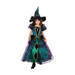 Disfraz de bruja para niña con vestido largo verde y morado con ribetes dorados y sombrero puntiagudo a juego