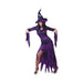 Disfraz de bruja para mujer, vestido largo morado con mangas en punta y sombrero de bruja