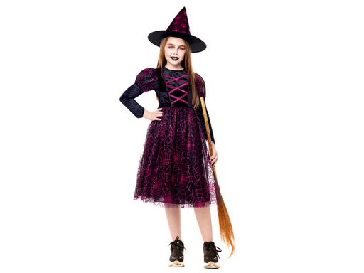 Disfraz de bruja para niña, vestido negro con tul de telarañas fucsia y sombrero de bruja