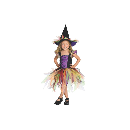 Disfraz de bruja para niña con vestido morado y negro, falda de tul multicolor y sombrero puntiagudo