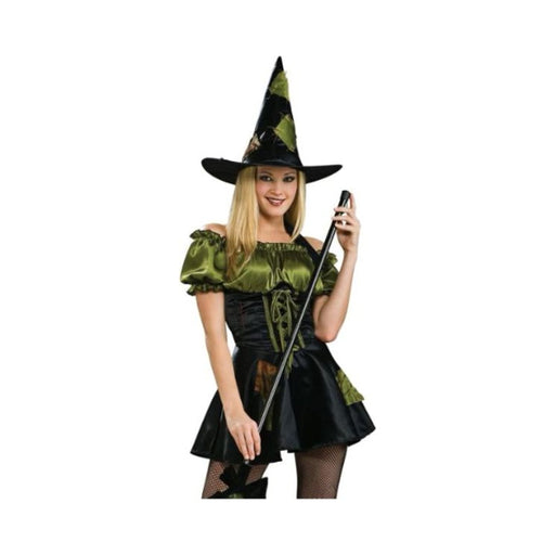 Disfraz de bruja para mujer, vestido corto negro con mangas y corsé verde y sombrero puntiagudo negro con parches verdes