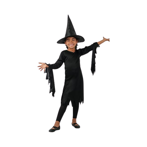 Disfraz de bruja Wanda para niña, vestido negro de mangas drapeadas y sombrero de bruja puntiagudo