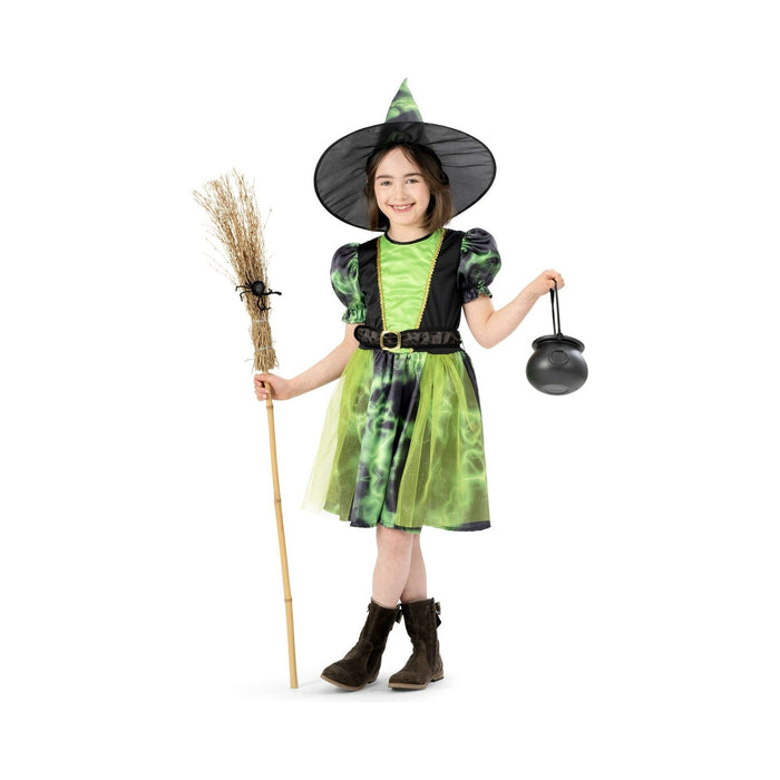 Disfraz de bruja para niña, vestido verde y negro con mangas abullonadas y sombrero de bruja