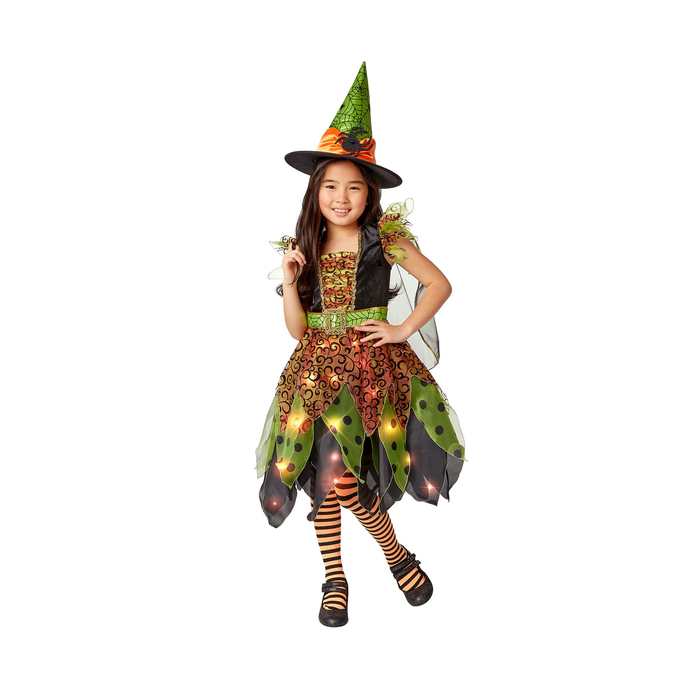 Disfraz de brujita hada para niña con vestido naranjo y verde con luces en la falda, sombrero de bruja verde y cinturón