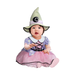 Bebé con disfraz de brujita: vestido lila con lunas y estrellas, cuello blanco, falda de tul rosado y sombrero de bruja con luna y estrella