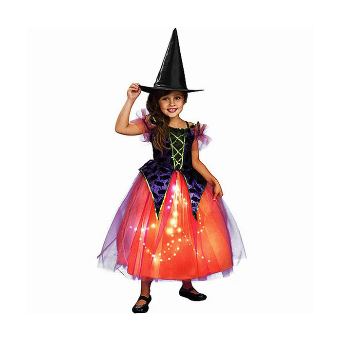 Niña con disfraz de brujita morada y naranja con falda de tul iluminada y sombrero de bruja