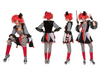 Disfraz de bufón arlequín para mujer, vestido negro, rojo y blanco con cuadros y pompones, varias vistas
