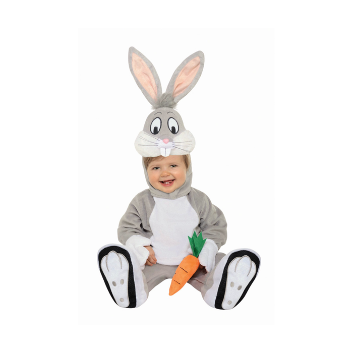 Disfraz de Bugs Bunny para niños pequeños, enterito gris con pechera blanca, gorro con orejas largas y zanahoria