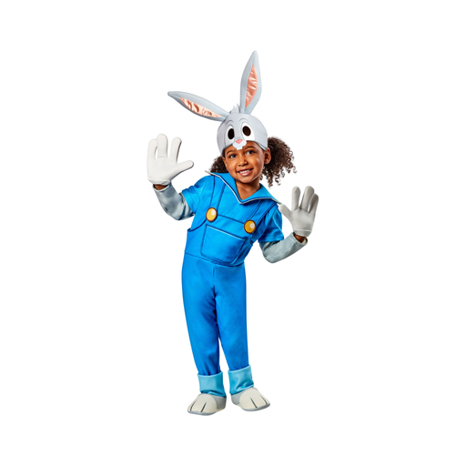 Disfraz de Bugs Bunny infantil con enterito de jardinera azul, gorro de conejo con orejas y guantes blancos