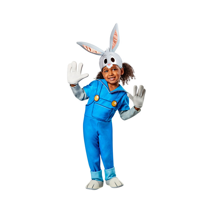 Disfraz de Bugs Bunny infantil con enterito de jardinera azul, gorro de conejo con orejas y guantes blancos