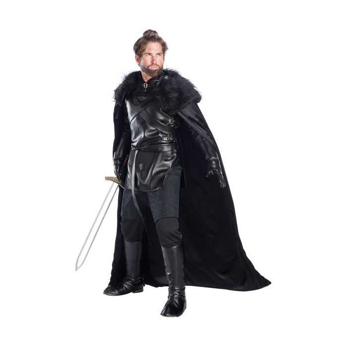 Disfraz de caballero dragón para hombre en negro con capa de cuello de piel, túnica, chaleco y protectores