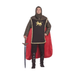 Hombre con disfraz de caballero medieval: capucha de malla, túnica con león dorado y capa roja