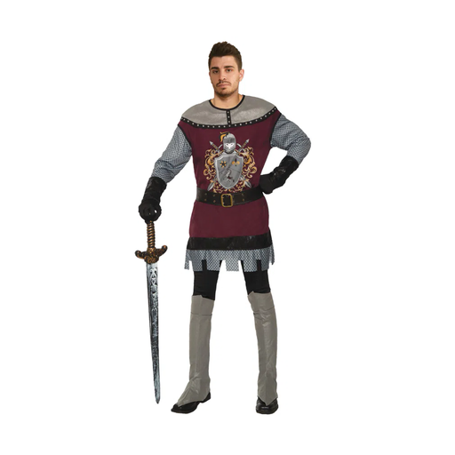 Hombre con disfraz de caballero real, túnica con escudo de armas y mangas grises