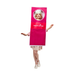 Mujer con disfraz de caja de muñeca American Girl, caja usable fucsia y roja con ventana redonda para la cara