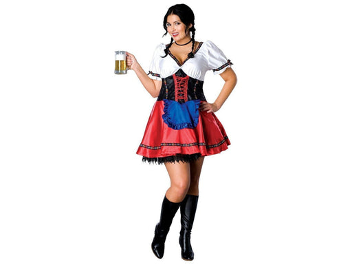 Disfraz de camarera cervecera Oktoberfest para mujer, vestido rojo, blanco y negro con delantal azul