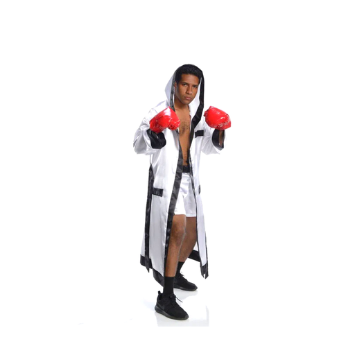 Hombre con disfraz de boxeador, bata blanca y negra con capucha y guantes rojos