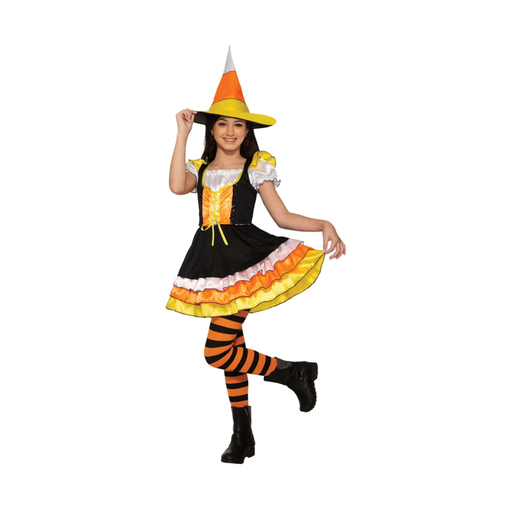 Niña con disfraz de candy corn con sombrero de bruja
