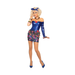 Mujer con disfraz de cantante pop de los 80, vestido azul metalizado con falda de colores y cintillo