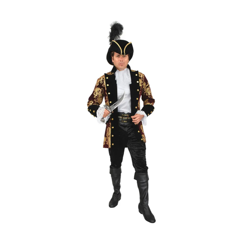 Hombre con chaqueta de capitán pirata burdeo con estampado dorado y solapas negras
