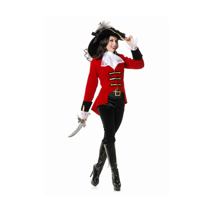 Mujer con disfraz de capitana pirata: chaqueta roja con cola y cuello de encaje blanco