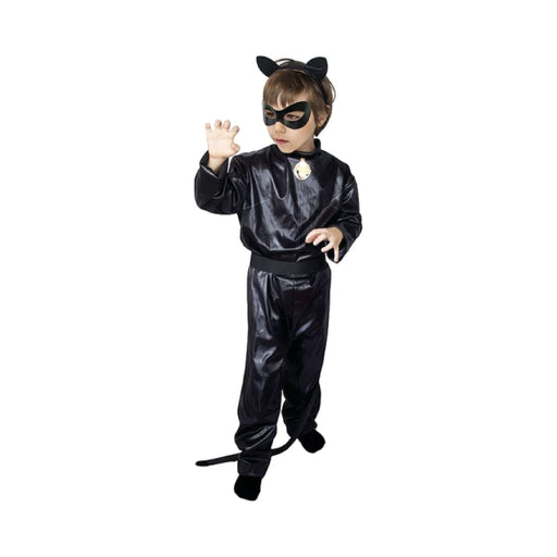 Disfraz de Cat Noir para niño, traje negro brillante con cinturón, cola, antifaz negro y orejitas de gato