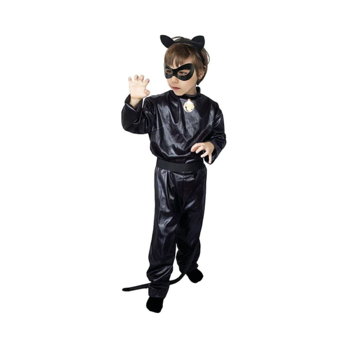 Disfraz de Cat Noir para niño, traje negro brillante con cinturón, cola, antifaz negro y orejitas de gato