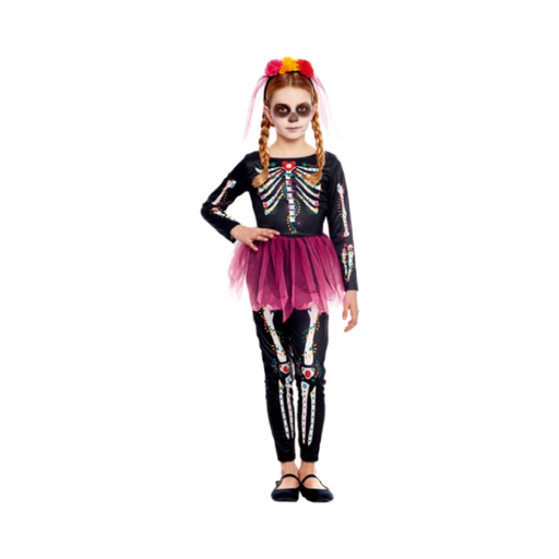 Disfraz Catrina Love niña, enterito negro con esqueleto de colores, tutú rosado y cintillo de flores