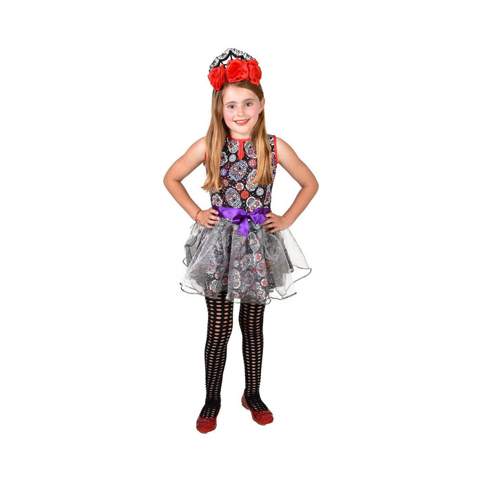 Disfraz de catrina para niña, vestido con estampado de calaveras, falda de tul gris y cinturón morado