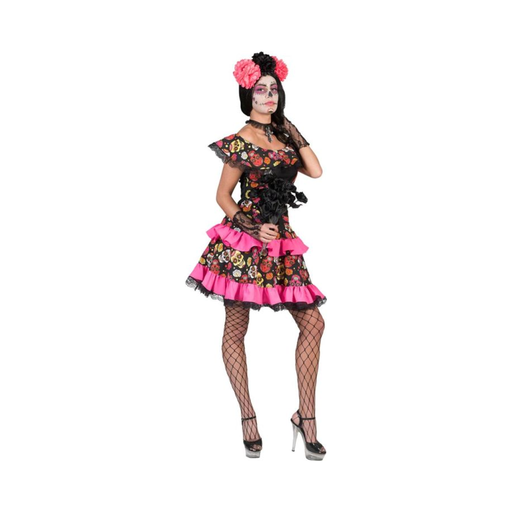 Disfraz de Catrina para mujer, vestido corto negro con flores y calaveras y volantes rosados