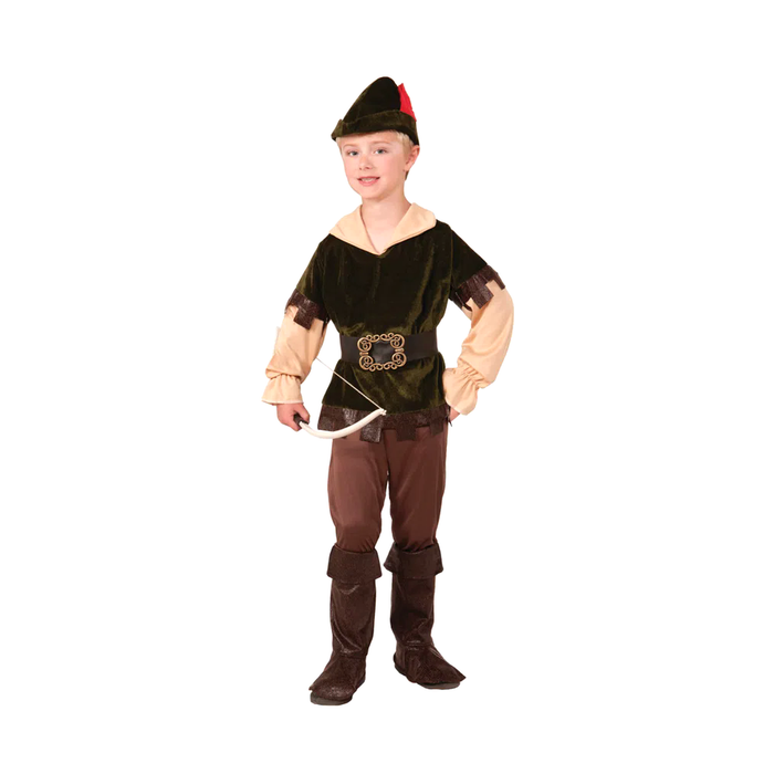 Disfraz de cazador arquero para niño con camisa verde oscuro, cinturón ancho, pantalón café con cubrebotas y gorro verde con pluma roja